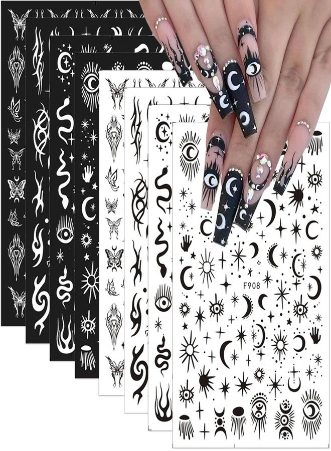 LRKNNO 10 Sheets Gothic Nail Stickers 3D Self-Adhesive Snake Nail Art Stickers Black White Rose Flower Eye Fishbone Star Moon Design Nail Art Decorations Butterfly Nail Decals for Women Acrylic Nail Supplies - Image 1